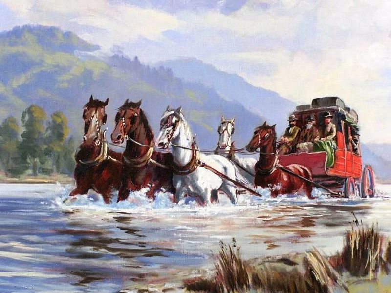 A mail coach crossing the river. Oil painting by Ernest Papps. Courtesy of the artist and Carol Doreen.