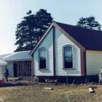 Waikanae Wharenui, with building in progress, 1979 thumbnail