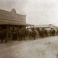 Te Horo Supply Stores. Farmers in town after a cream delivery, April 1915. Ōtaki Historical Society Inc Collection. thumbnail