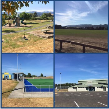 The playgrounds, sports field, hockey turf and gymnastics centre at Mazengarb Reserve