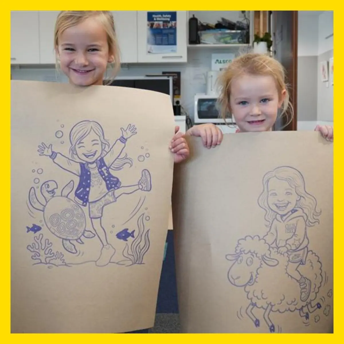 Participants holding up examples of robot caricature printed on brown paper