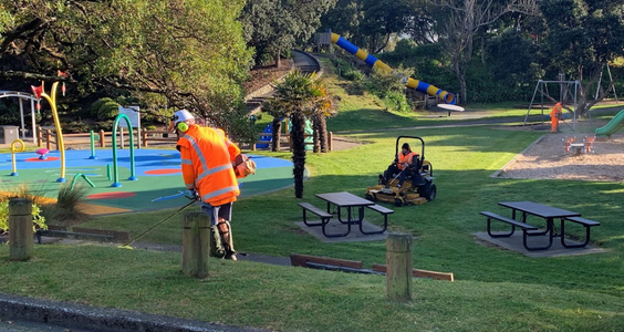 Photo of Council workers mowing and weedeating grass at Raumati Marine Gardens
