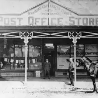 Waikanae Co-operative and Post Office Store, 12 Elizabeth St, Waikanae. Chris MacLean Collection, Alexander Turnbull Library, NZ. Ref. 150358-1/2 thumbnail