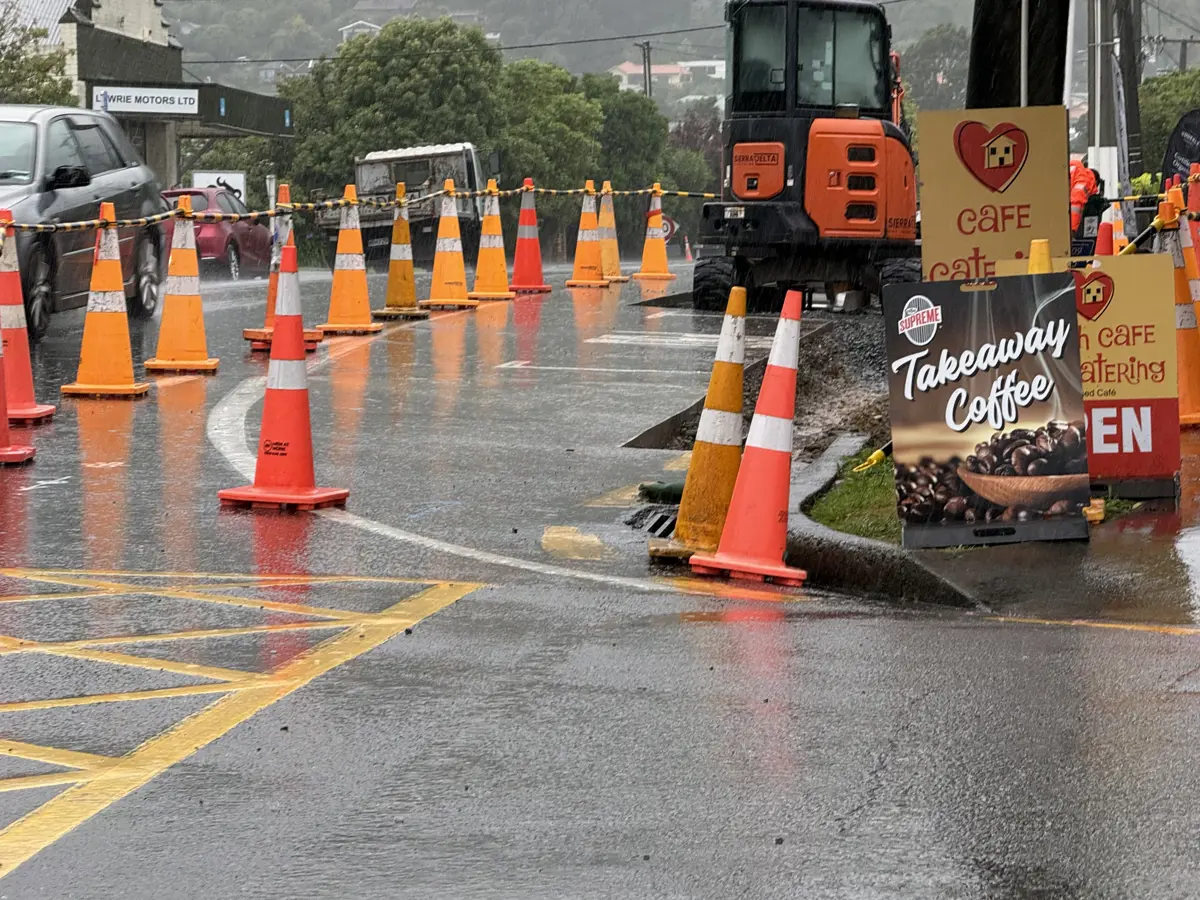 Traffic cones and heavy machinery on Elizabeth Street