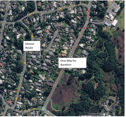 Aerial map showing a road construction detour near Raumati South School. A red arrow along Main Road indicates it will be one way for the duration of construction. A yellow arrow marks the detour route, diverting traffic through surrounding residential streets via Tromsana Road and Poplar Avenue. Labels read 'Detour Route' and 'One Way for duration.