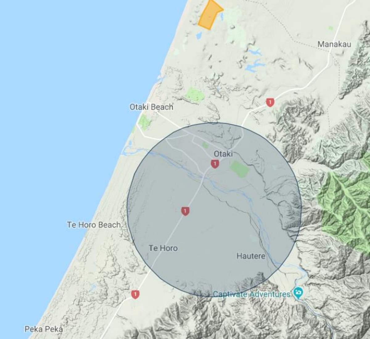 Map showing the no-fly zone over Ōtaki and Te Horo.