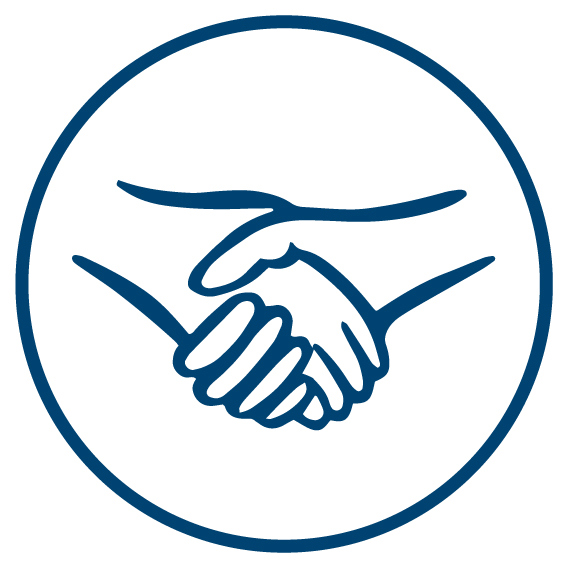 Partnerships icon, showing stylised two hands, shaking hands.