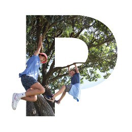 Photo in the shape of the letter "P", with kids swinging from branches of a tree