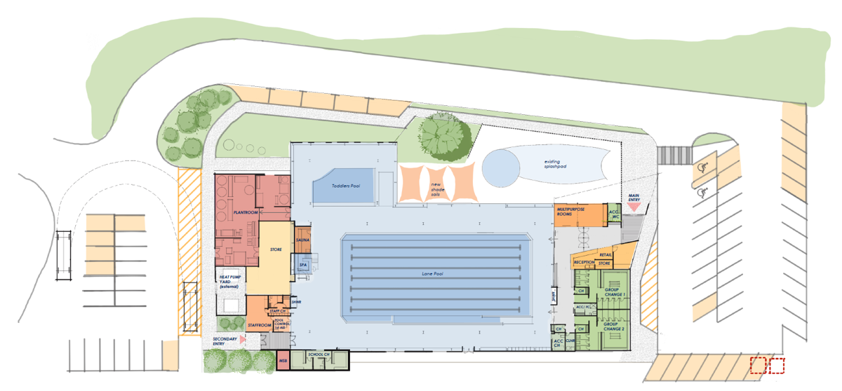 Proposed plans for the Ōtaki Pool upgrade, moving the entrance to beside the tennis club carpark.