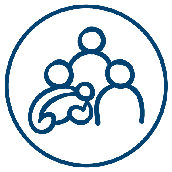 Icon for community services, showing stylised three adult figures and a baby.