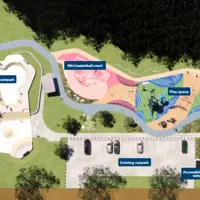 Waikanae Park Skatepark And Playground Birds Eye View. thumbnail