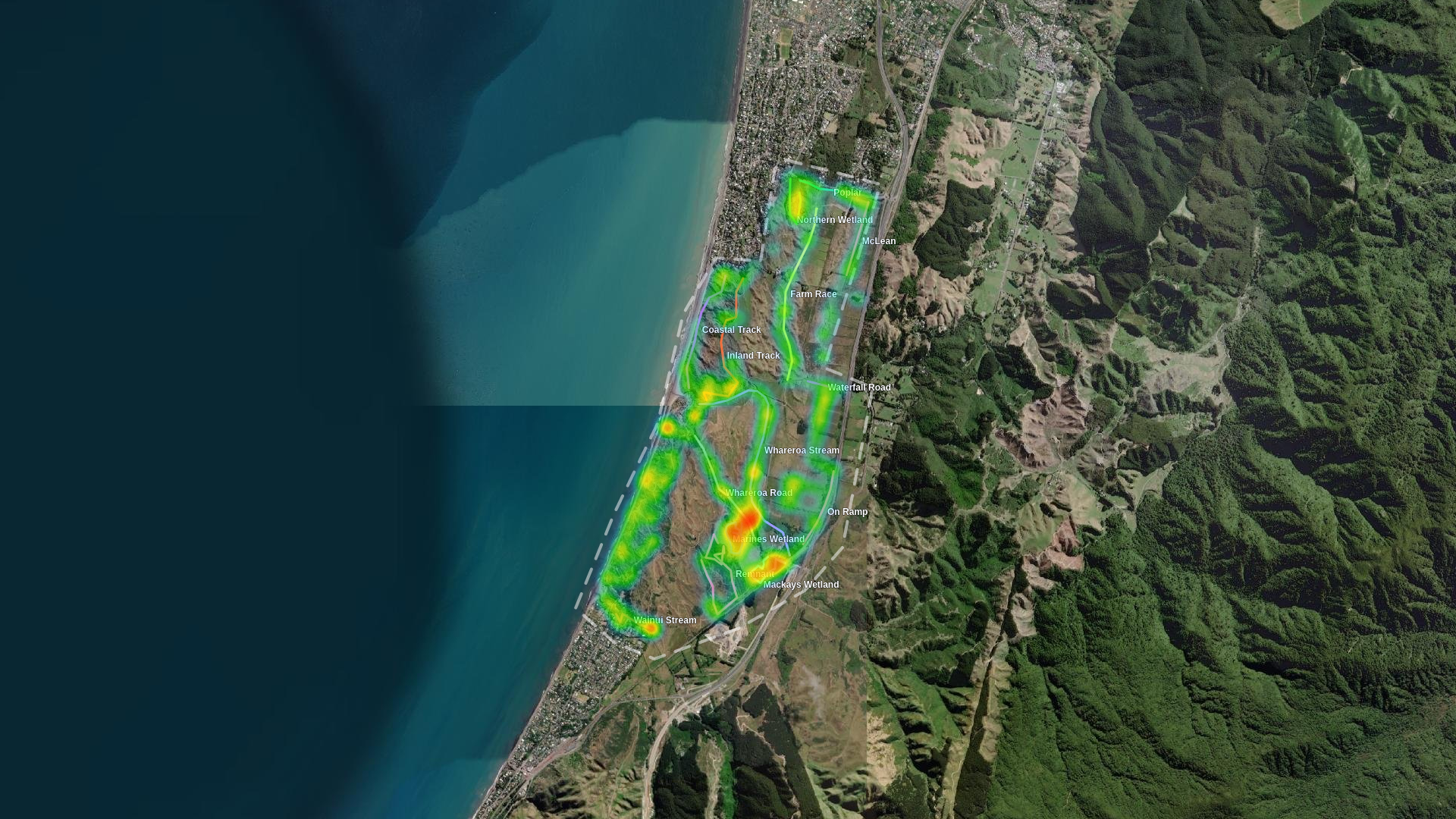 A map of predator hot spots in Queen Elizabeth Park, generated with data logged through trap.nz.