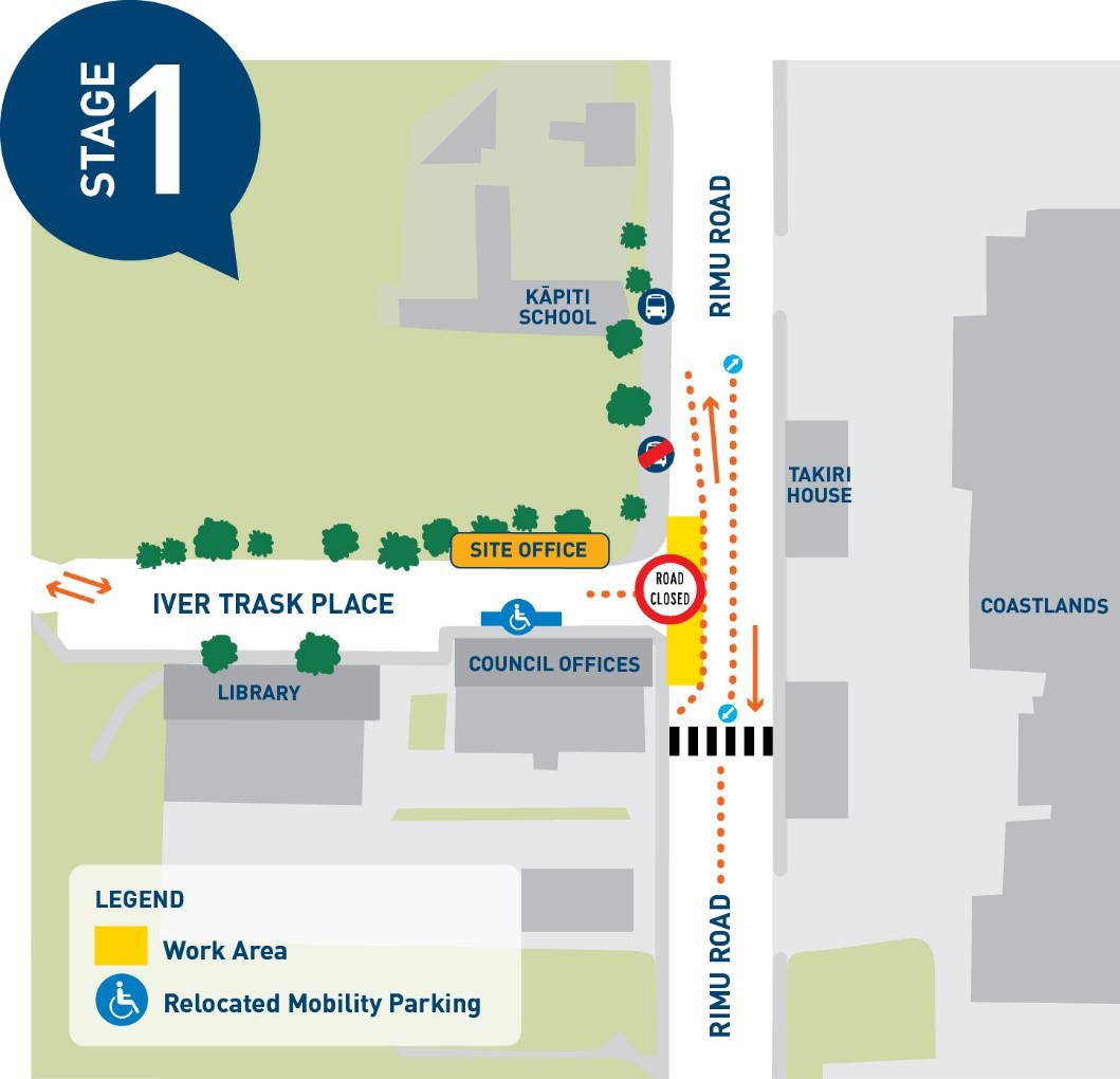 Map of stage one of roadworks at intersection of Iver Trask Place and Rimu Road; Iver Trask Place will not be accessible from Rimu Road during this stage