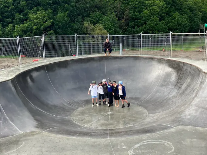 Skatepark users checking out the new skate bowl