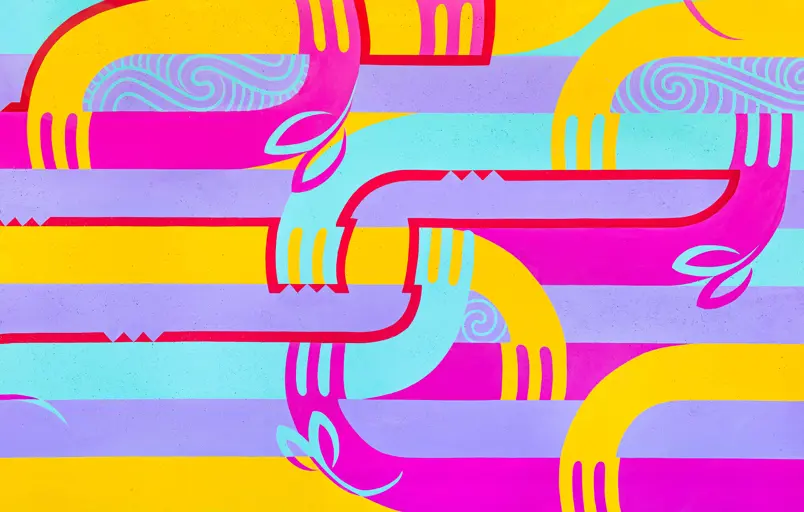 Vianney Parata mural detail of taniwha manu whaling weaving – with thanks to photographer Trinity Thompson-Browne