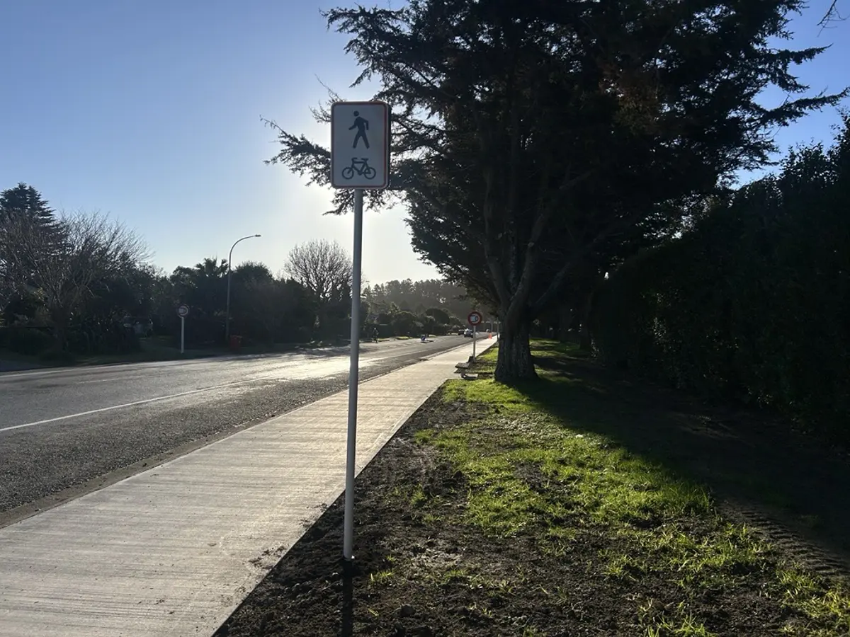 A newly constructed shared pathway runs alongside a suburban road in Waikanae. A sign in the foreground indicates the path is for both pedestrians and cyclists. Tall trees line the grass verge, casting long shadows across the path in low morning or afternoon sunlight, while the road stretches into the distance with light traffic visible.