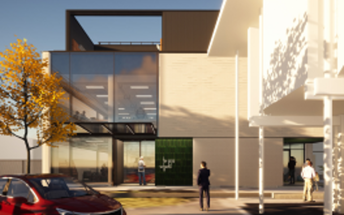 Render of the entry way to the library with glass front.