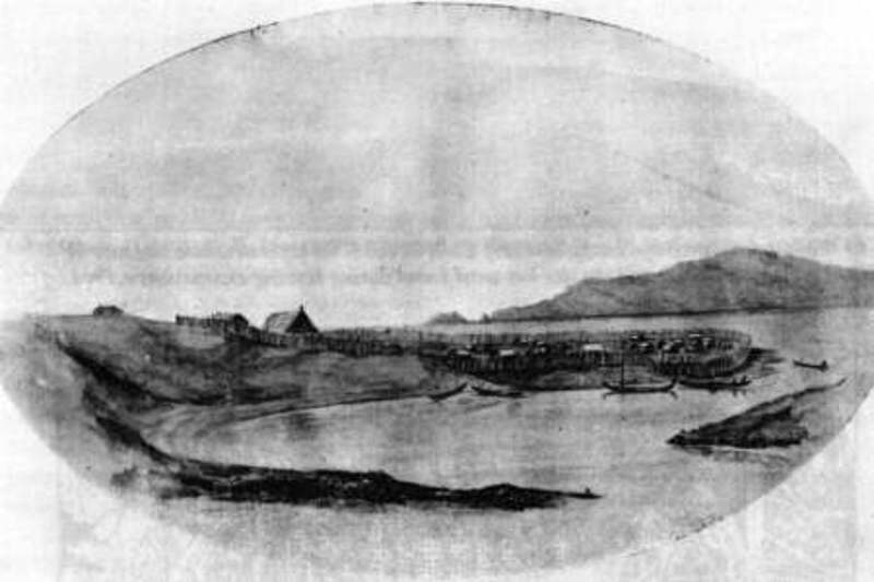 Waikanae Pā and Kāpiti. Pencil sketch by JA Gilfillan from “Old Whanganui” by TW Downes. By permission of Miss Gilfillan.
