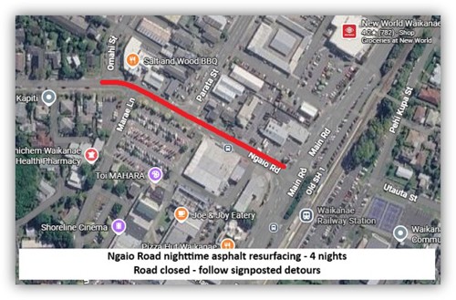 Aerial map of central Waikanae showing a section of Ngaio Road marked in red, between Omahi Street and near Main Road. The marked section will be closed for four nights for asphalt resurfacing. Signposted detours will be in place.