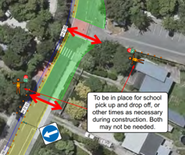 Aerial map showing a road construction zone near a school, with two temporary traffic controller positions marked by orange figures on either side of the road. A note reads: 'To be in place for school pick up and drop off, or other times as necessary during construction. Both may not be needed.' A detour sign is visible at the bottom left.