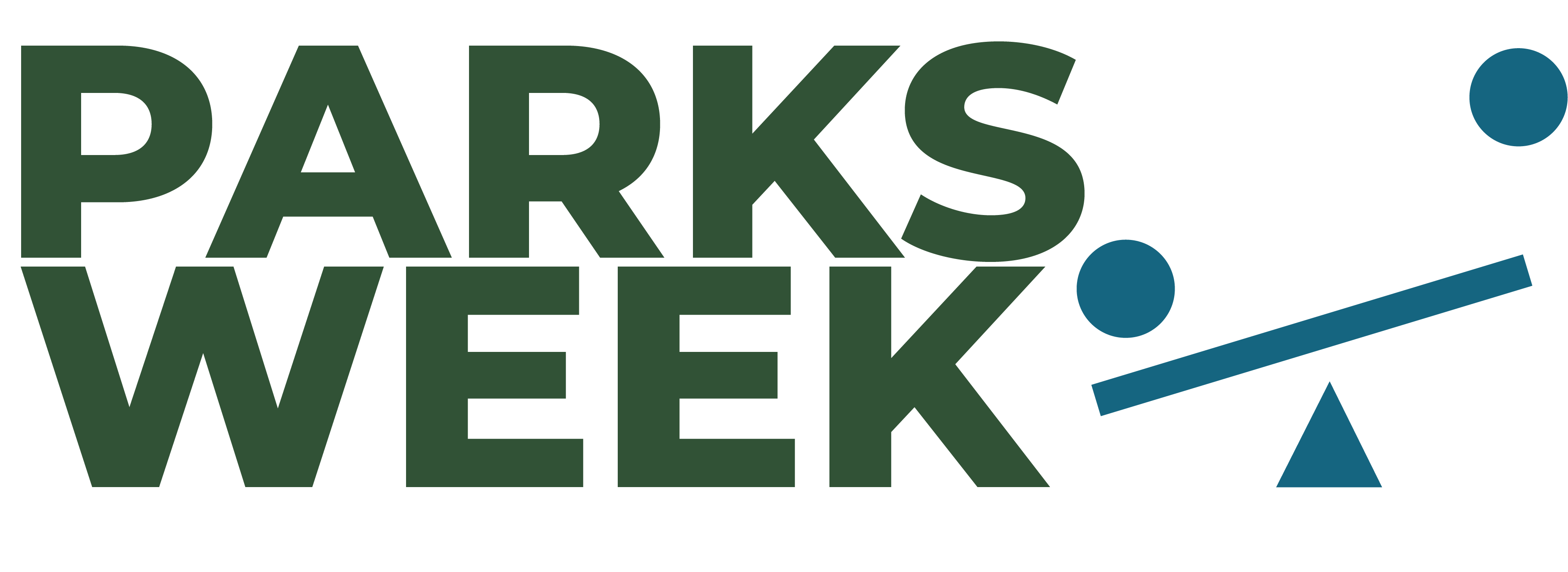 Parks week logo, with the words "Parks Week" in green, and a stylised image of a seesaw with two people on it.