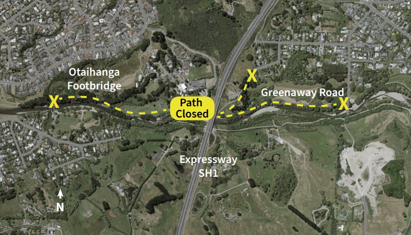 Waikanae River trail closure, Otaihanga footbridge north bank to Greenaway Road.